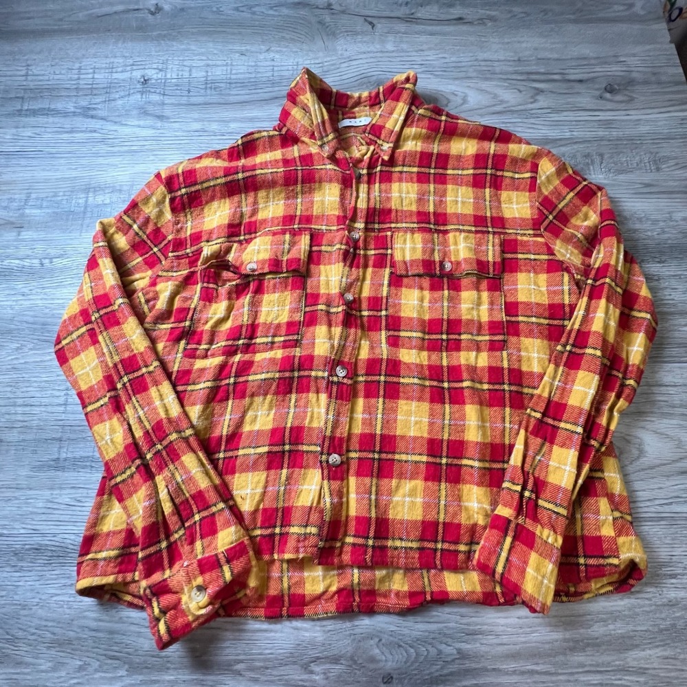 MNML Flannel Shirt Mens XXL Red Yellow Plaid Button Up Long Sleeve Cotton X56